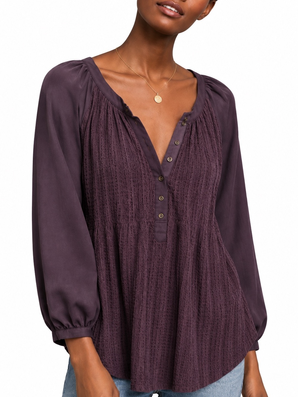 Meadow Rue Anthropologie Plum Purple Waffle Textured Peasant Blouse Top medium